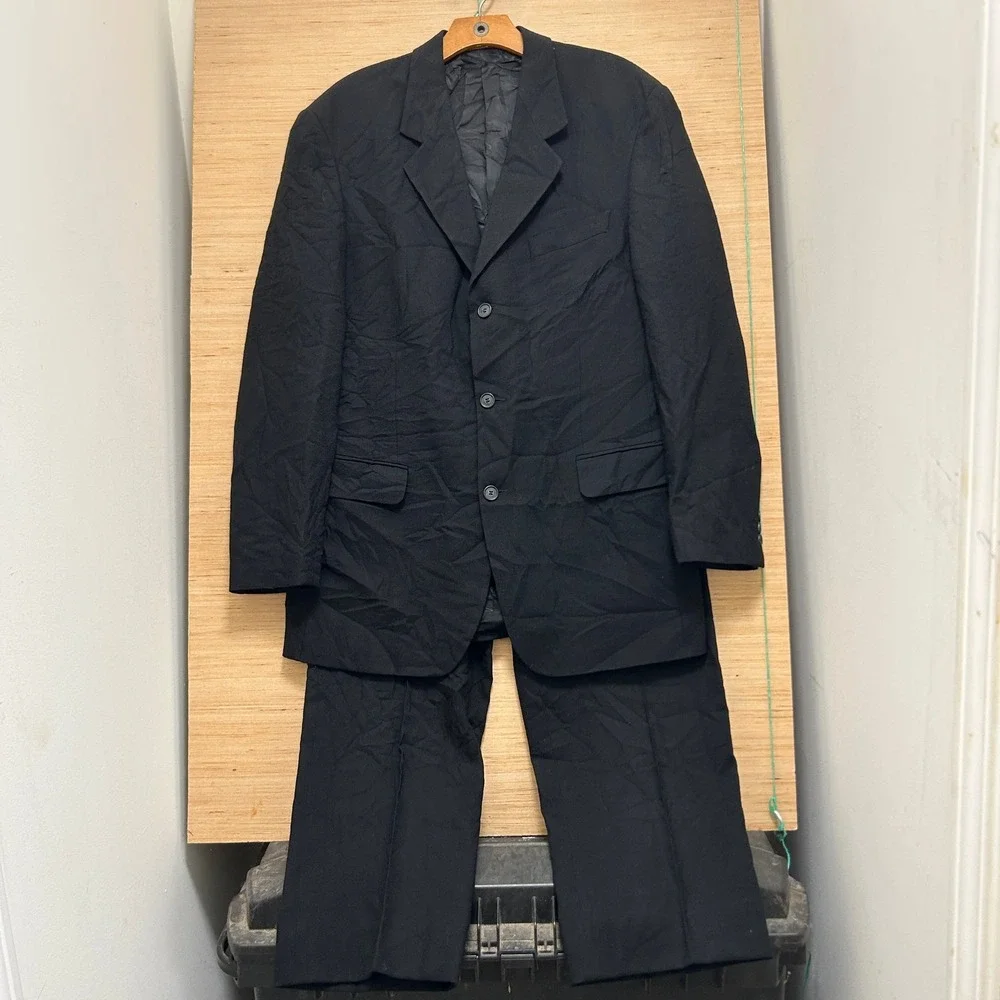 Cellini Linea Uomo Mens Black 3 Button Blazer Pleated Pants Suit Made in Romania